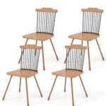 Set of 4 Mid-Century Modern Dining Chairs – Wood & Black Metal